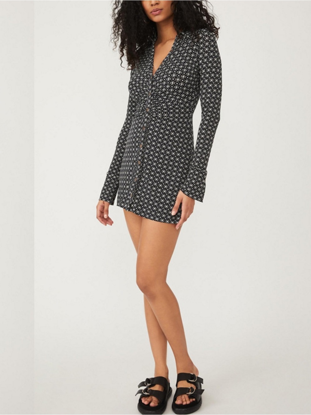 FREE PEOPLE Shayla Mini Dress in Black Retro Inspired 70s Ruched Button Front S